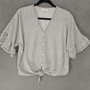 Max Studio Womens Medium Shirt Vneck Multicolor Floral Boho Front Tie Ruffle Sle